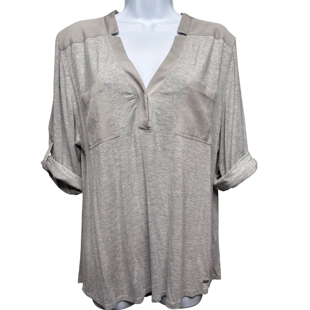 CALVIN KLEIN Womens Gray Split Neck Blouse Sz L Roll Tab Neutral Comfy Flowy